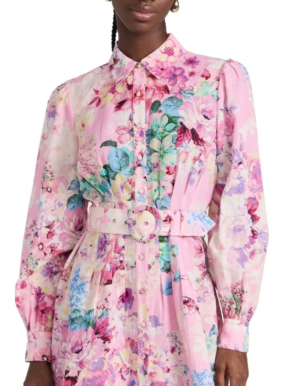 HEMANT & NANDITA Pastel Pink Floral Button-Front Long-Sleeve Dress with Belt